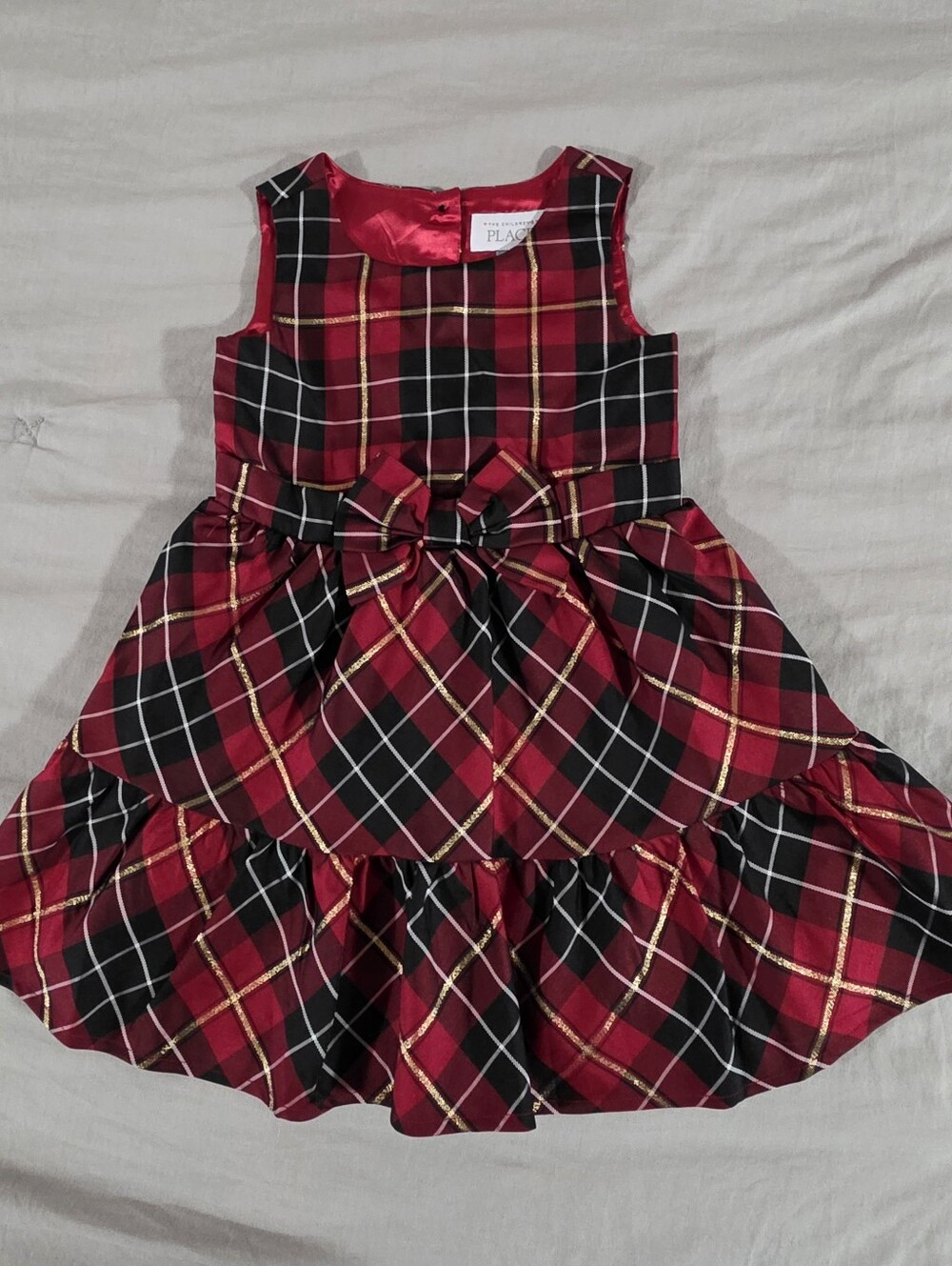 The Children's Place Toddler Girl Red, Black and Gold Plaid Dress with Bow 3T